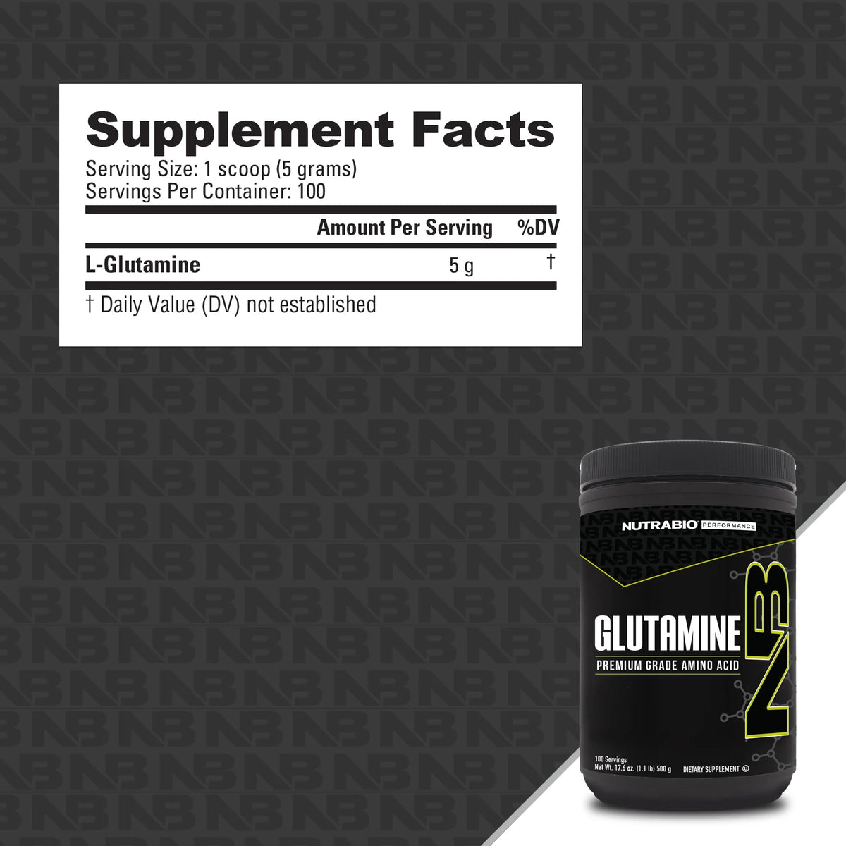 NutraBio L-Glutamine Poudre Pure 500g emballage