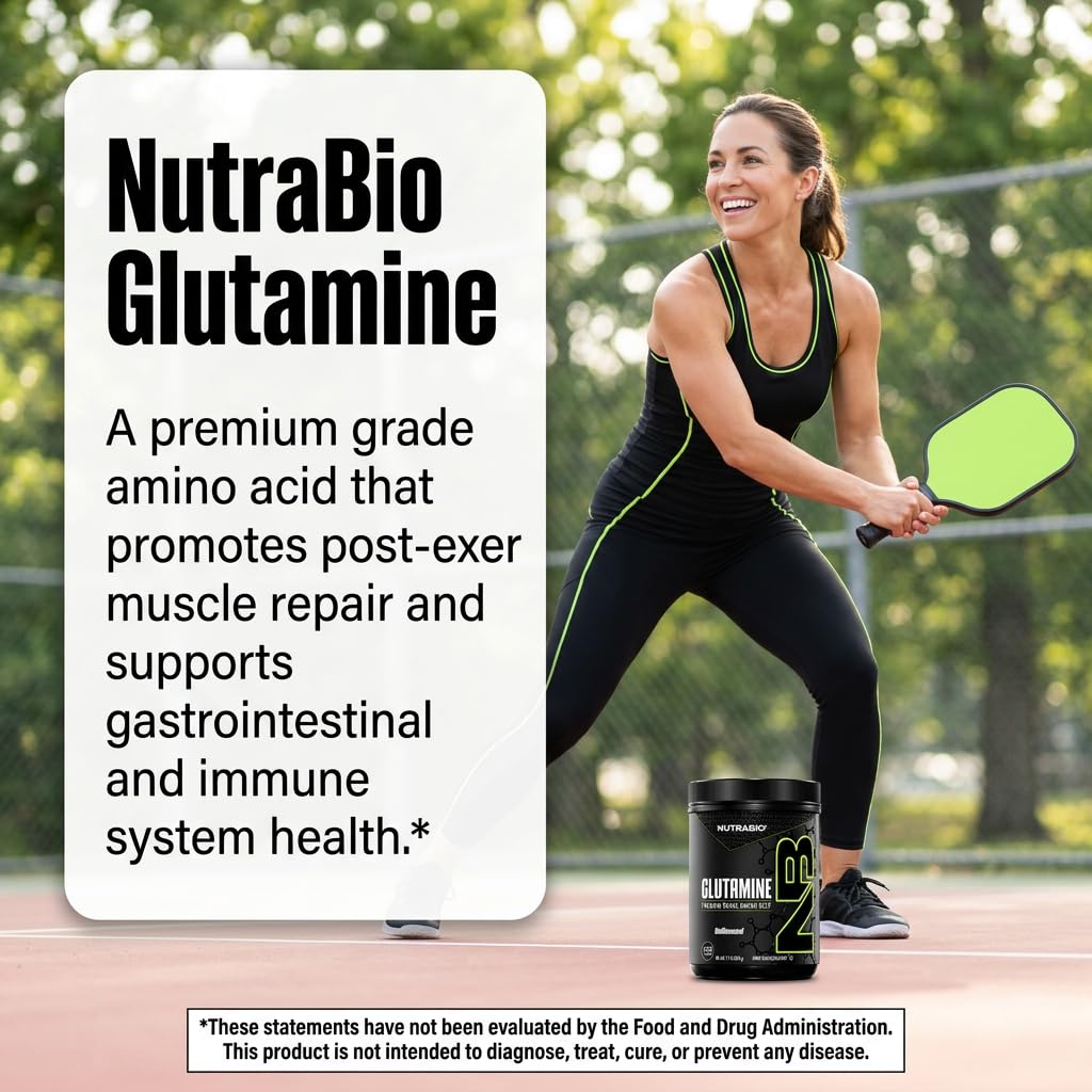 NutraBio L-Glutamine Poudre Pure 500g sur une table