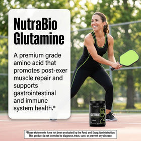 NutraBio L-Glutamine Poudre Pure 500g sur une table