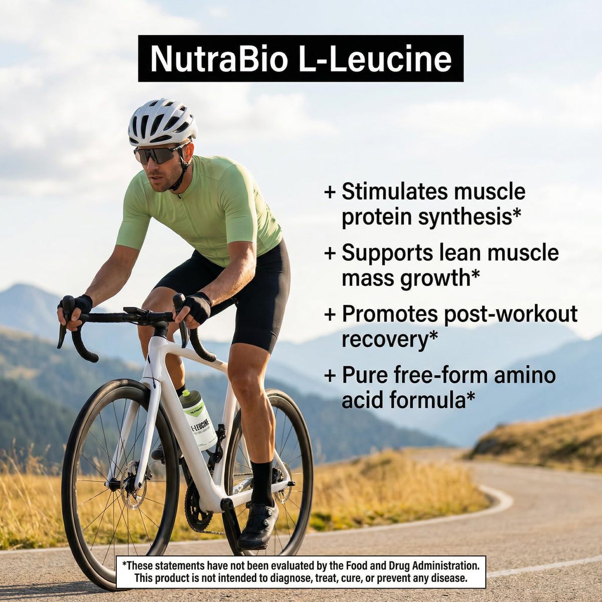 NutraBio L-Leucine 100% pur 500g - produit sur une table
