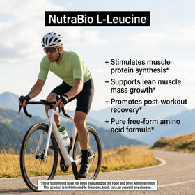NutraBio L-Leucine 100% pur 500g - produit sur une table