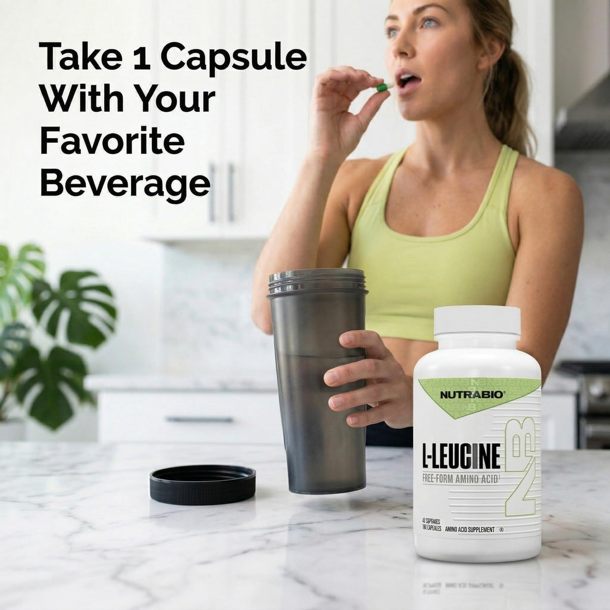 NutraBio L-Leucine 400mg 180 capsules en gros plan
