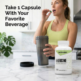 NutraBio L-Leucine 400mg 180 capsules en gros plan