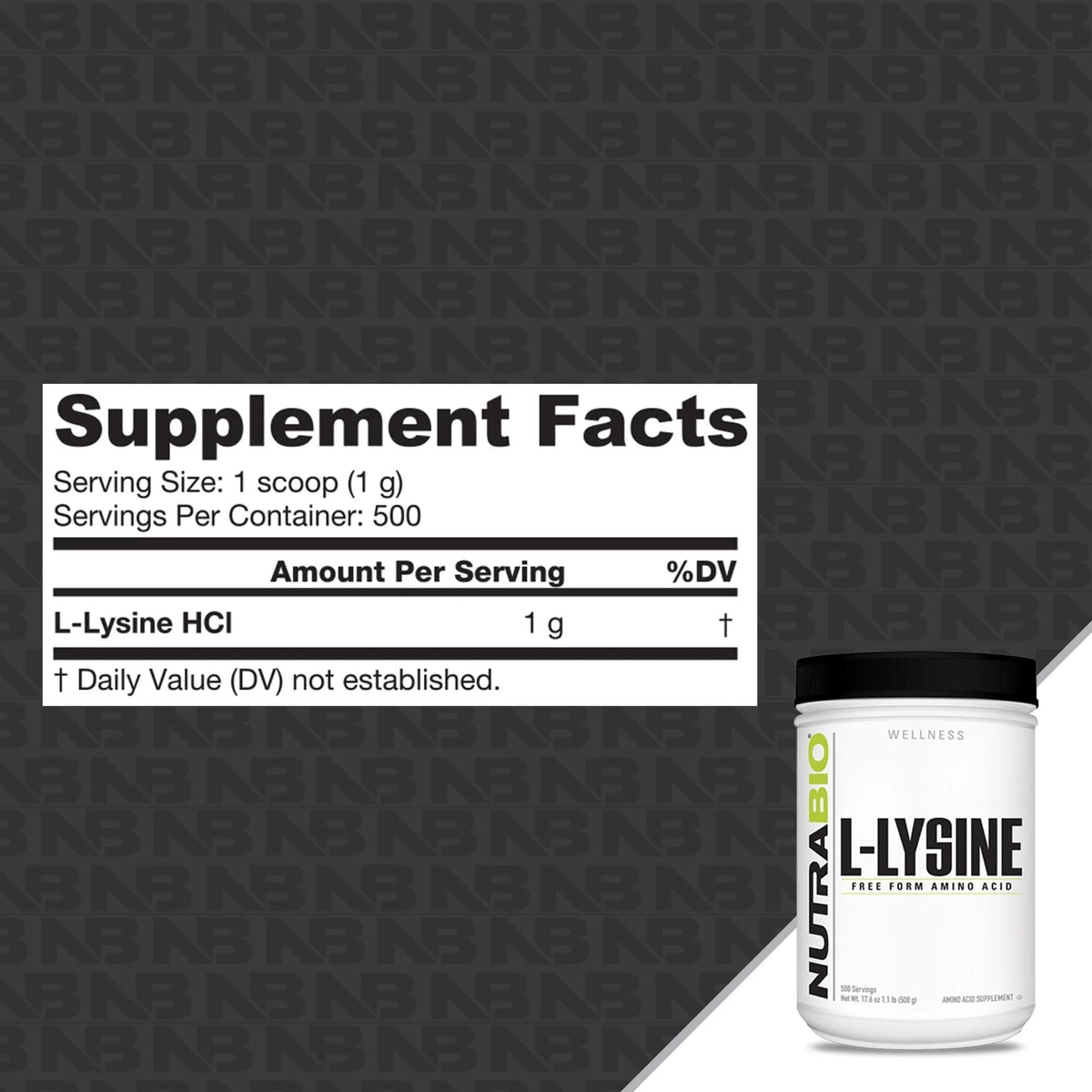 NutraBio L-Lysine Poudre 500g avec cuillère doseuse