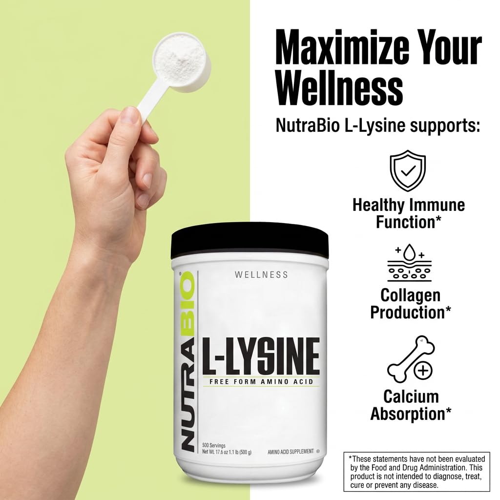 NutraBio L-Lysine Poudre 500g avec ingrédients
