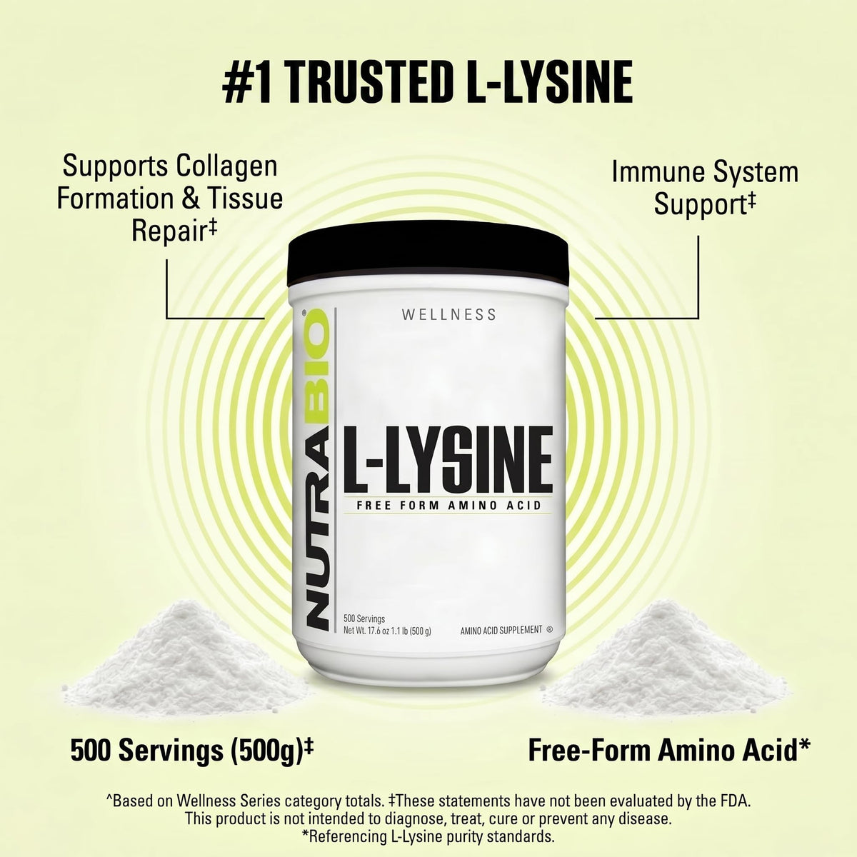 NutraBio L-Lysine Poudre 500g sur une table