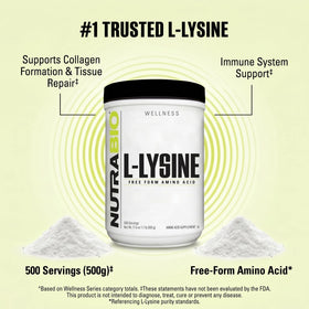 NutraBio L-Lysine Poudre 500g sur une table