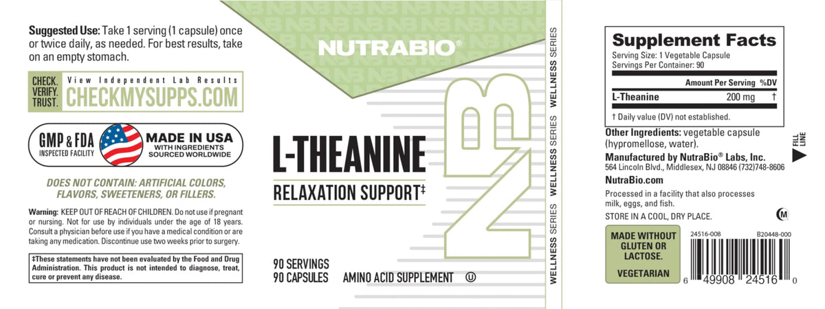 NutraBio L-Théanine 200mg, capsules sur une table