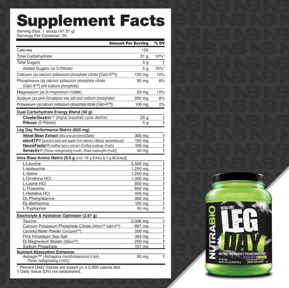 NutraBio Leg Day Poudre Intra-Workout 20 Portions - Détails de l'emballage