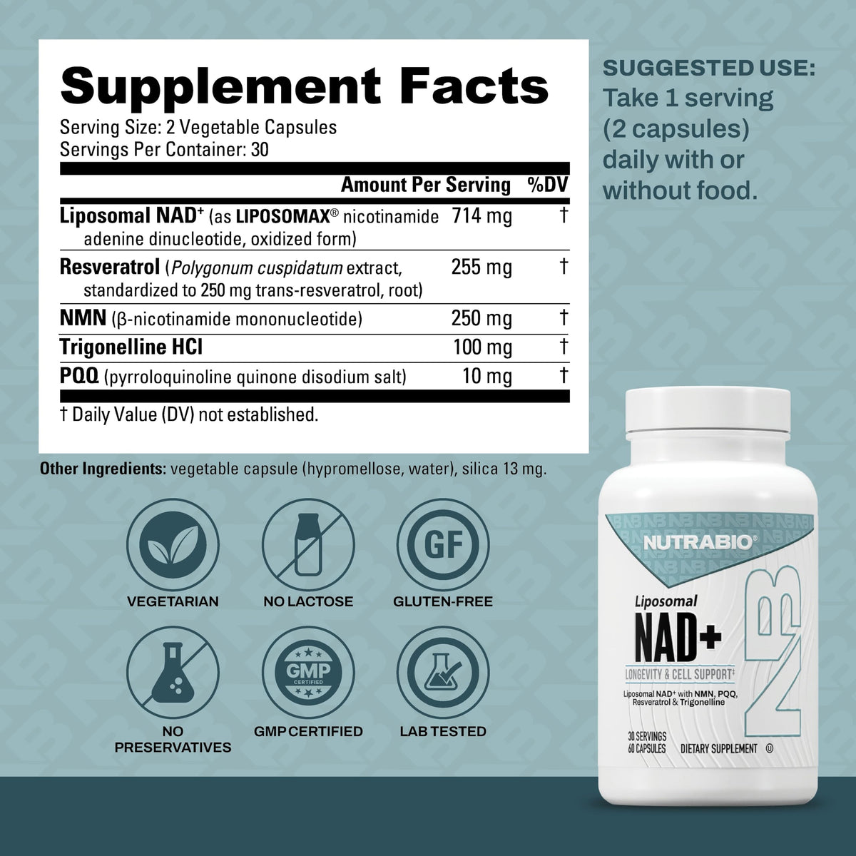 NutraBio Liposomal NAD+ 60 capsules côté