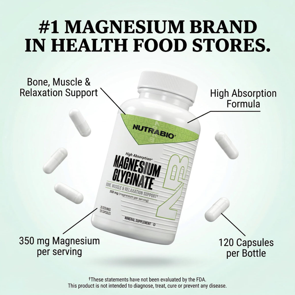 NutraBio Magnésium Glycinate capsules en gros plan
