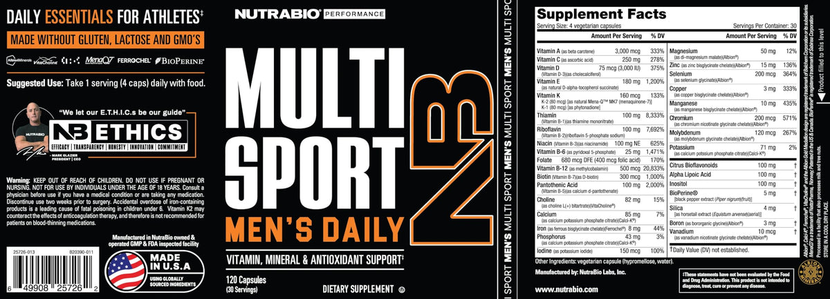 NutraBio Multisport à côté d'une bouteille d'eau et d'un équipement de sport