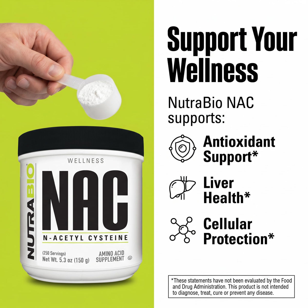 NutraBio N-Acétylcystéine 150g Poudre avec cuillère doseuse