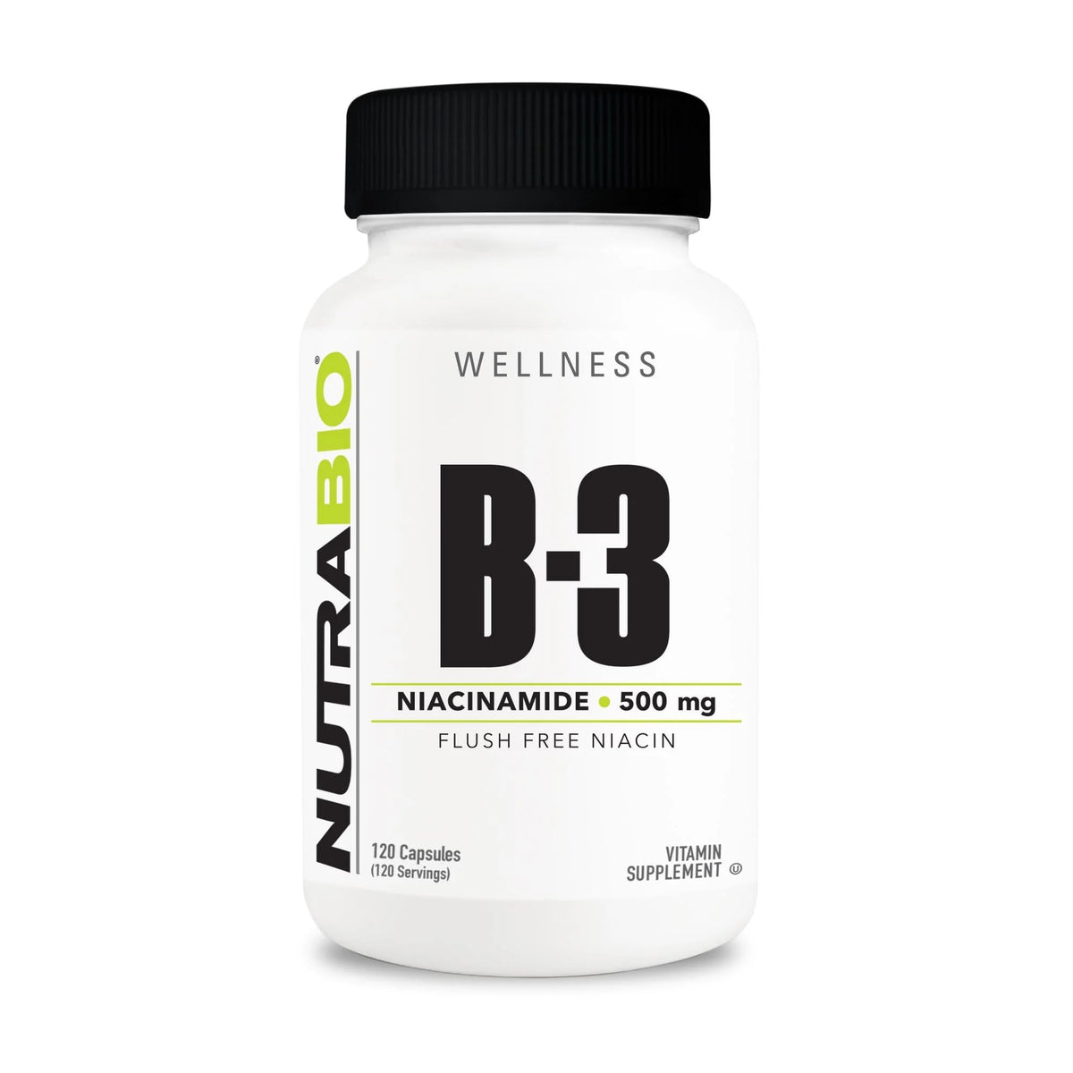 NutraBio Niacinamide 500mg 120 capsules végétales, vue de face