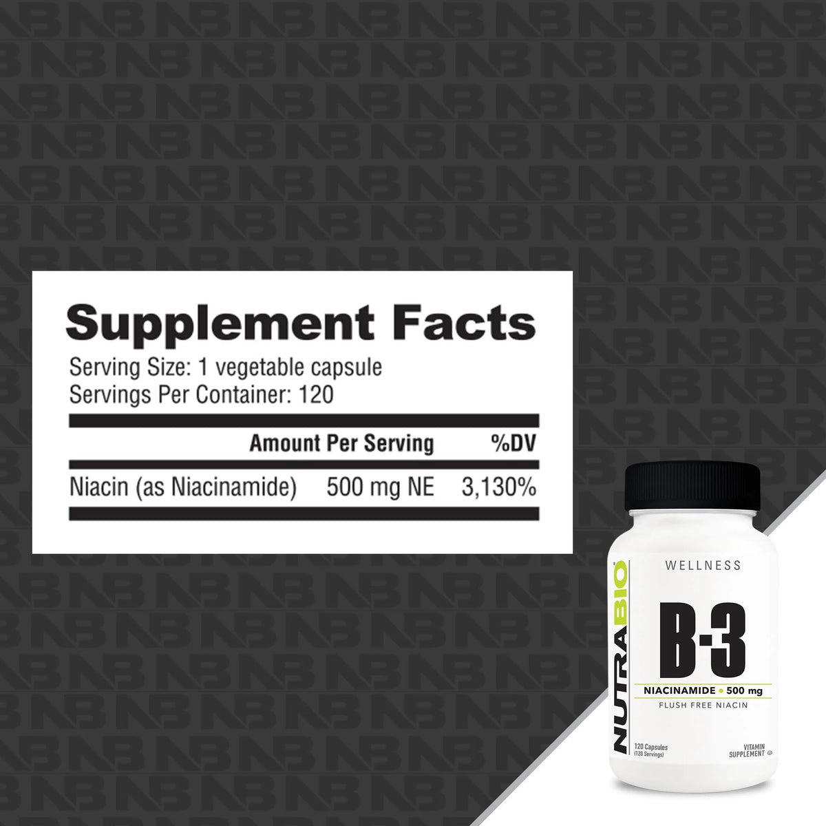 NutraBio Niacinamide 500mg 120 capsules, vue arrière