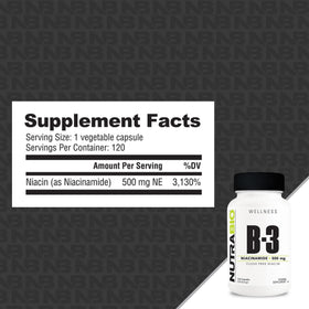 NutraBio Niacinamide 500mg 120 capsules, vue arrière