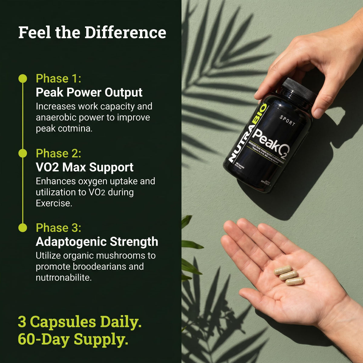 NutraBio PeakO2 180 Capsules en main, présentation des capsules