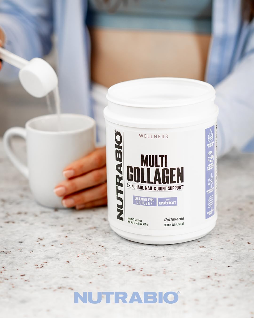 NutraBio Poudre de Collagène Multi, vue de près des peptides de collagène
