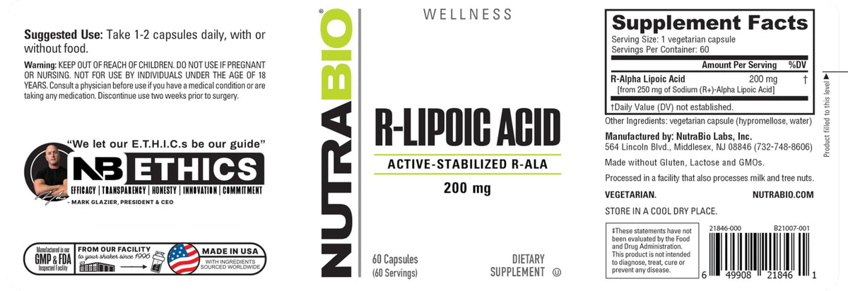 NutraBio R-Acide Lipoïque 200mg gélules sur une surface