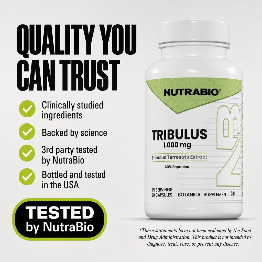 NutraBio Tribulus Terrestris avec étiquette en gros plan