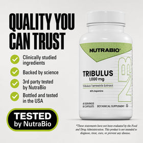 NutraBio Tribulus Terrestris avec étiquette en gros plan