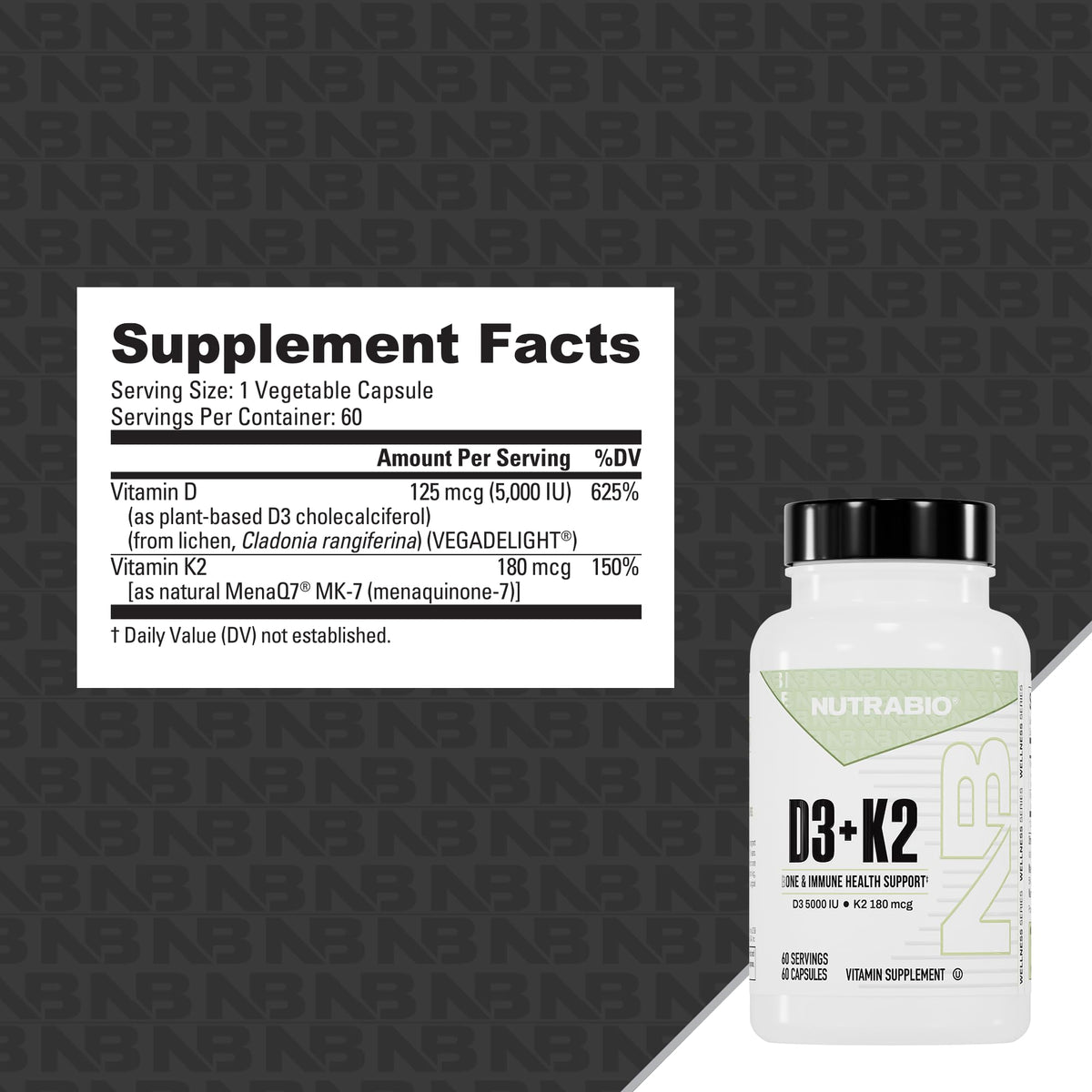 NutraBio Vitamine D3 K2 5000 UI bouteille avec étiquette détaillée