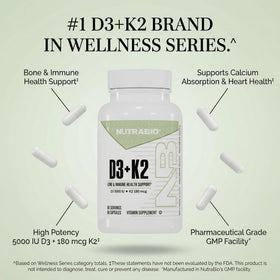 NutraBio Vitamine D3 K2 5000 UI capsules sur fond blanc