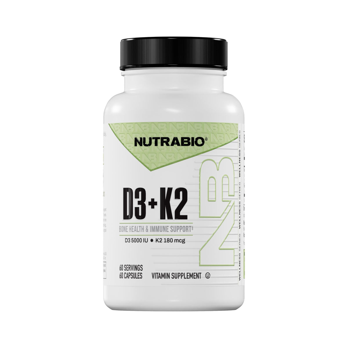 NutraBio Vitamine D3 K2 5000 UI capsules végétales vue de face