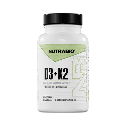 NutraBio Vitamine D3 K2 5000 UI capsules végétales vue de face