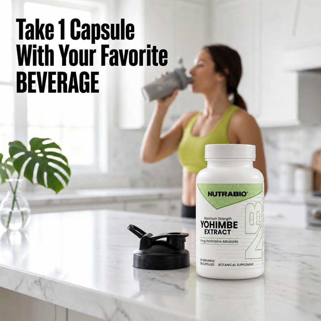 NutraBio Yohimbe flacon en mains avec des capsules