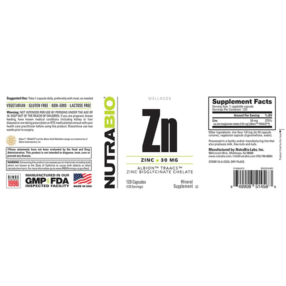 NutraBio Zinc Chélaté 30mg 120 Capsules Végétales avec bouchon ouvert
