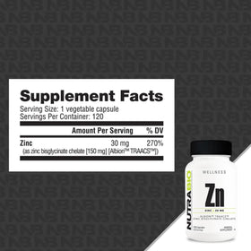 NutraBio Zinc Chélaté 30mg 120 Capsules Végétales vue de dos