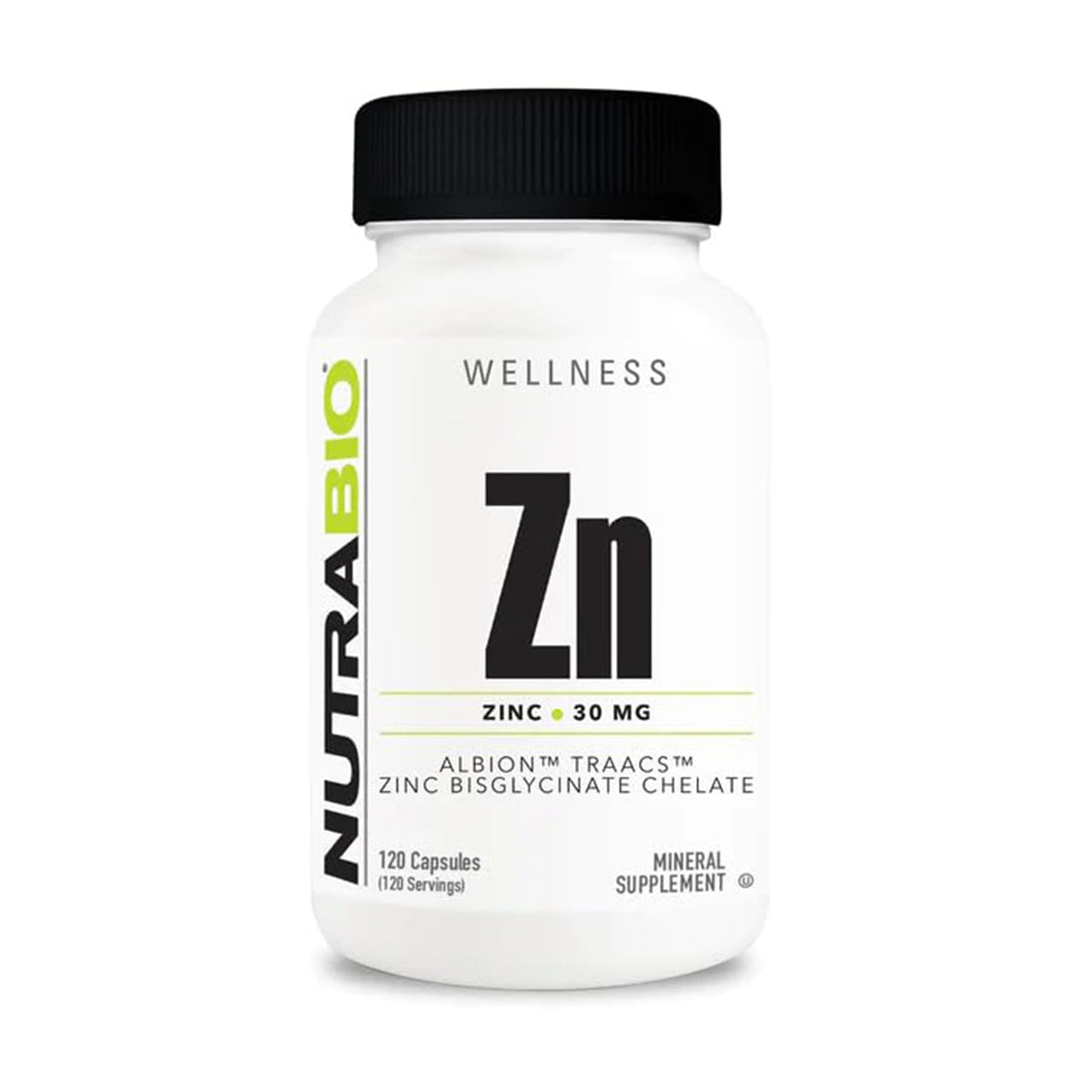NutraBio Zinc Chélaté 30mg 120 Capsules Végétales vue de face