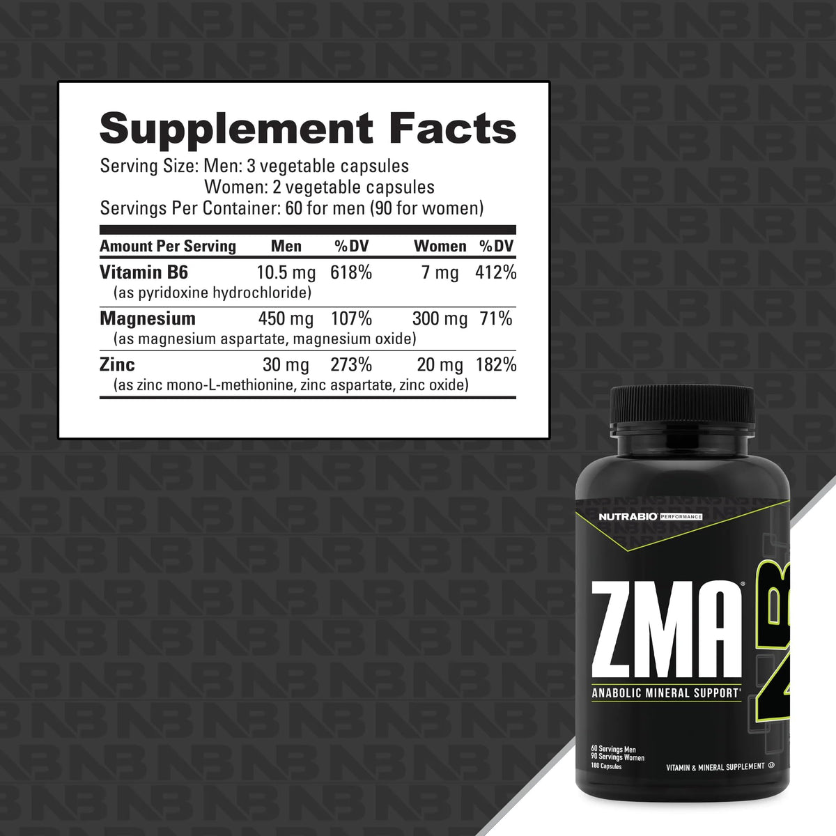 NutraBio ZMA Complément Alimentaire 180 Ct arrière montrant les ingrédients
