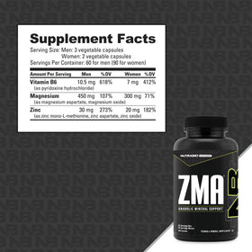 NutraBio ZMA Complément Alimentaire 180 Ct arrière montrant les ingrédients