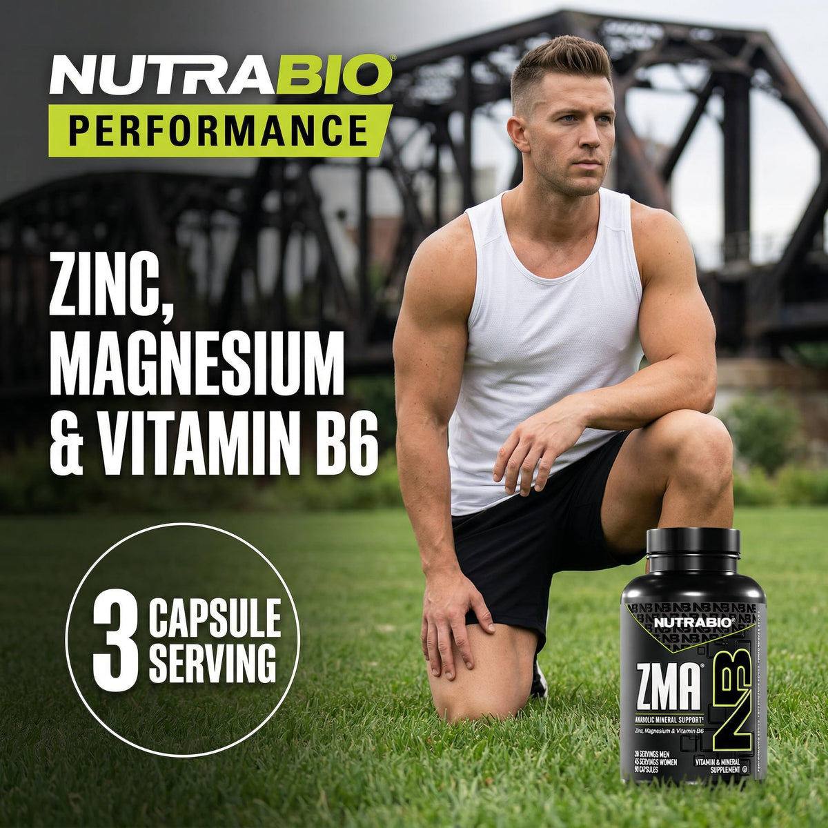 NutraBio ZMA comprimés en gros plan montrant texture
