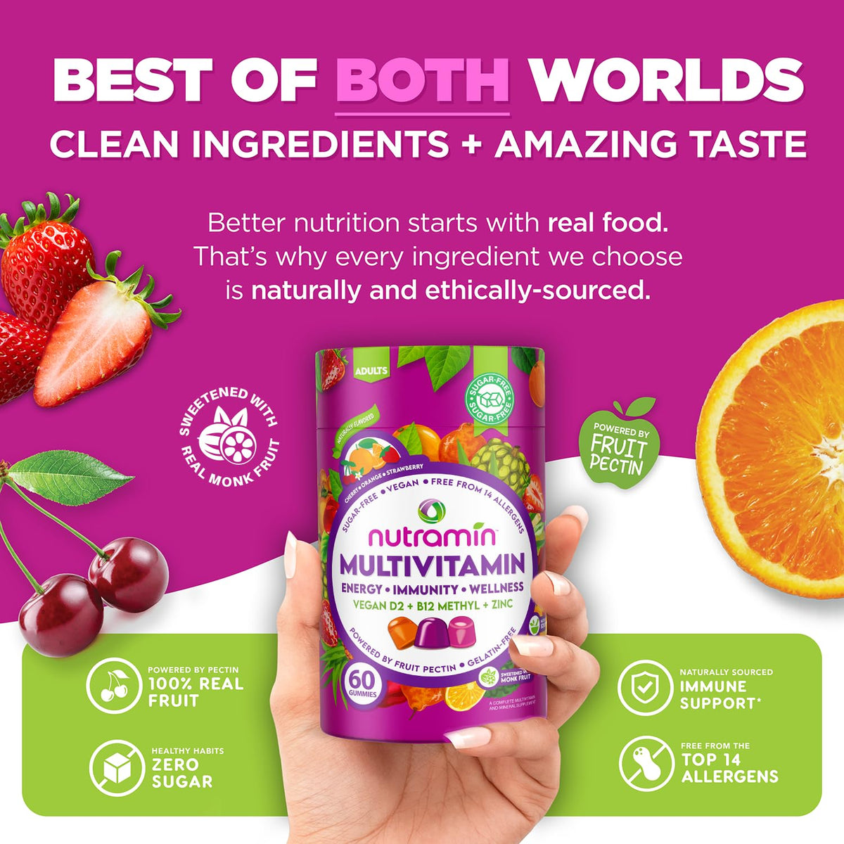 Nutracelle gummies multivitamines avec fruits frais en arrière-plan