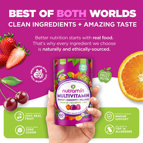 Nutracelle gummies multivitamines avec fruits frais en arrière-plan