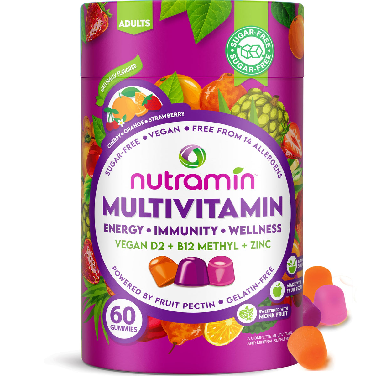 Nutracelle gummies multivitamines végétaliennes sans sucre, vue de face
