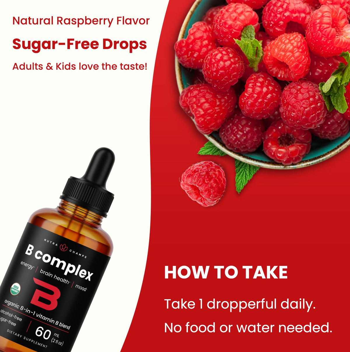 NutraChamps B Complex Liquide 2oz avec étiquette détaillée