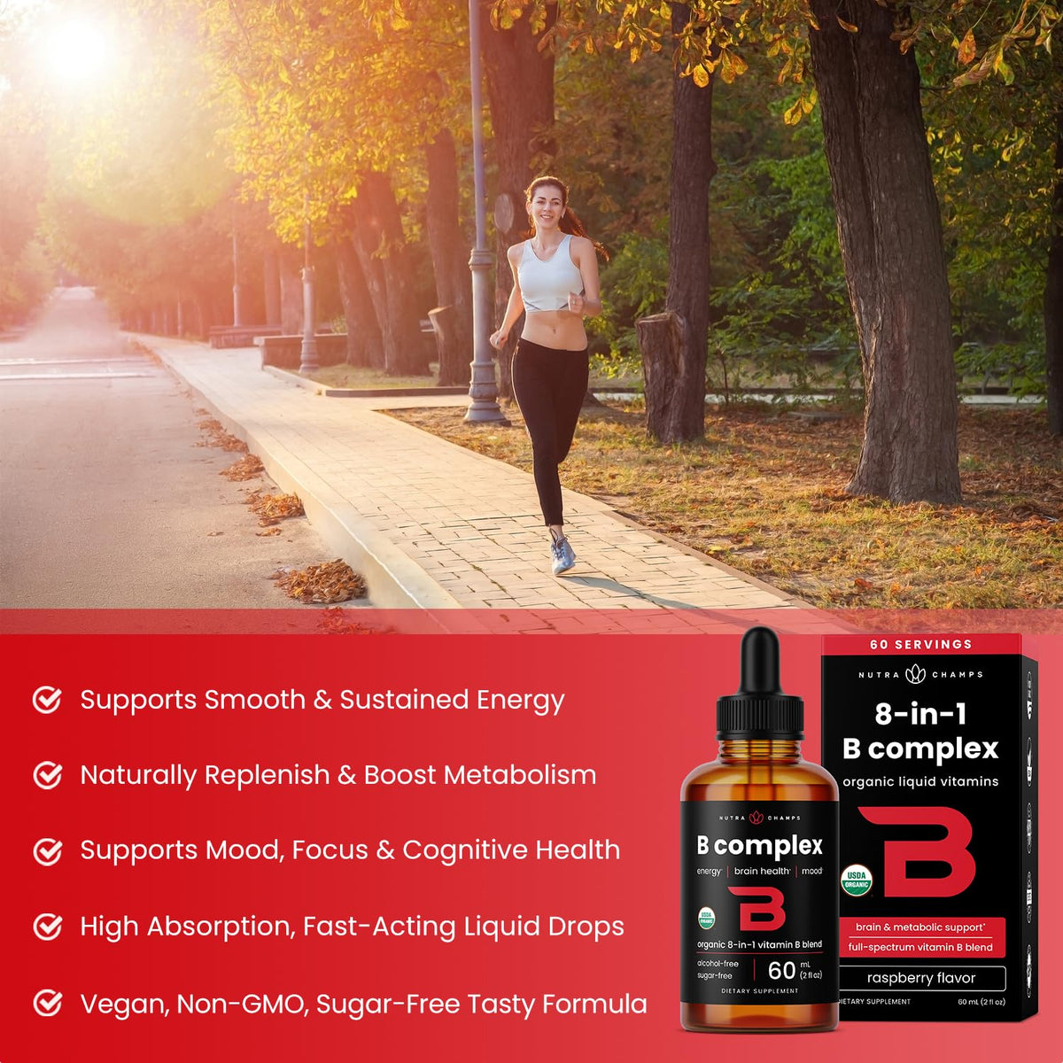 NutraChamps B Complex Liquide 2oz en usage avec des fruits