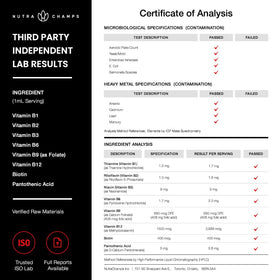 NutraChamps B Complex Liquide 2oz gouttes versées dans une cuillère