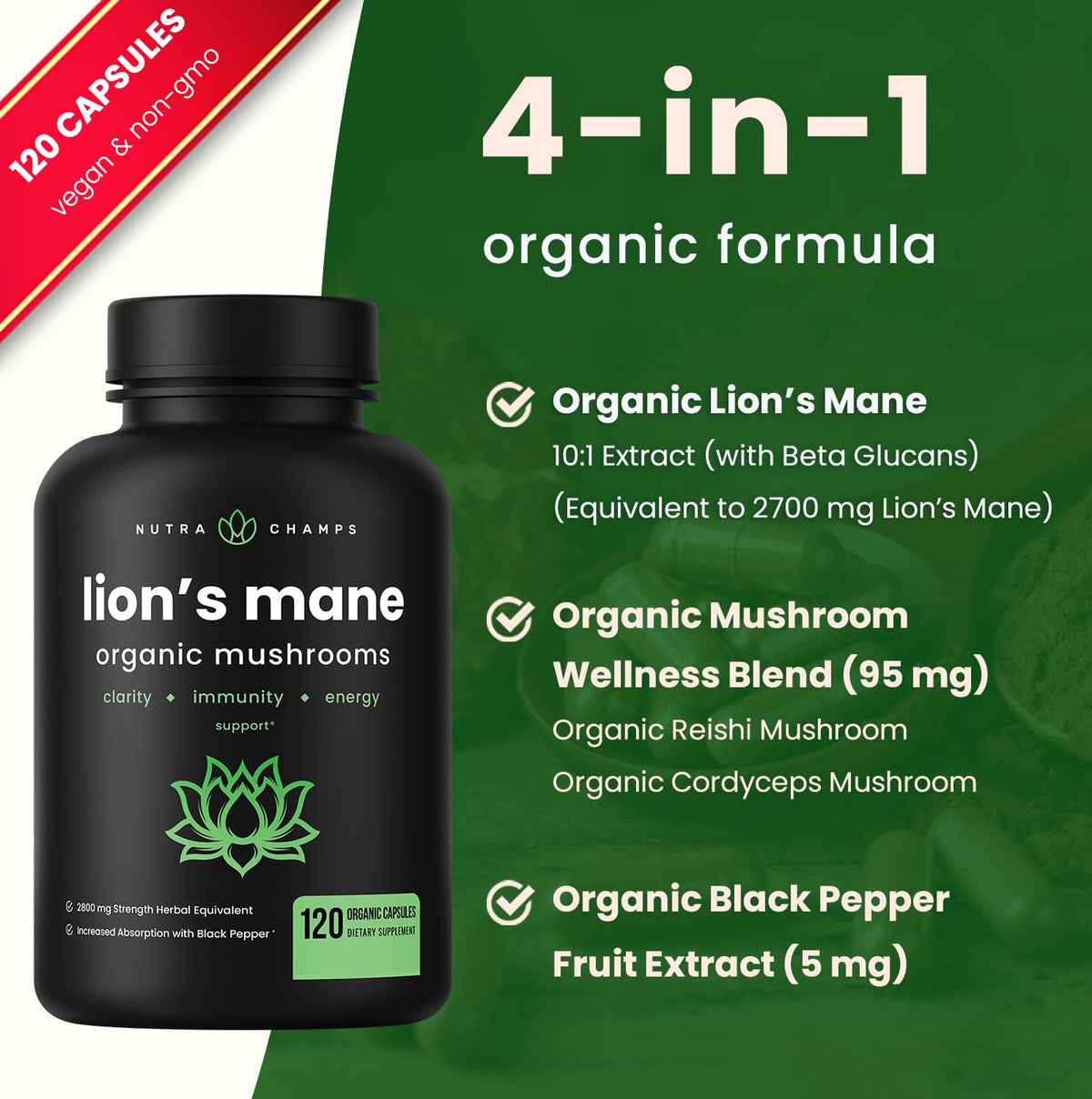 NutraChamps Champignon Lion's Mane 120 capsules, capsules sur une surface blanche