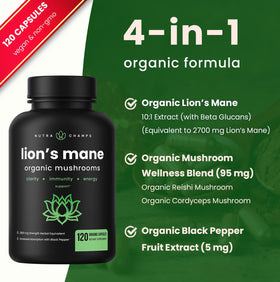NutraChamps Champignon Lion's Mane 120 capsules, capsules sur une surface blanche