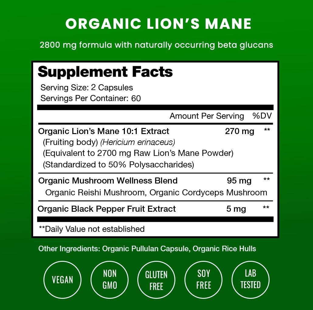 NutraChamps Champignon Lion's Mane 120 capsules, vue arrière avec informations nutritionnelles