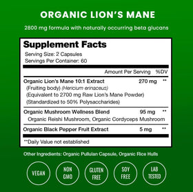 NutraChamps Champignon Lion's Mane 120 capsules, vue arrière avec informations nutritionnelles