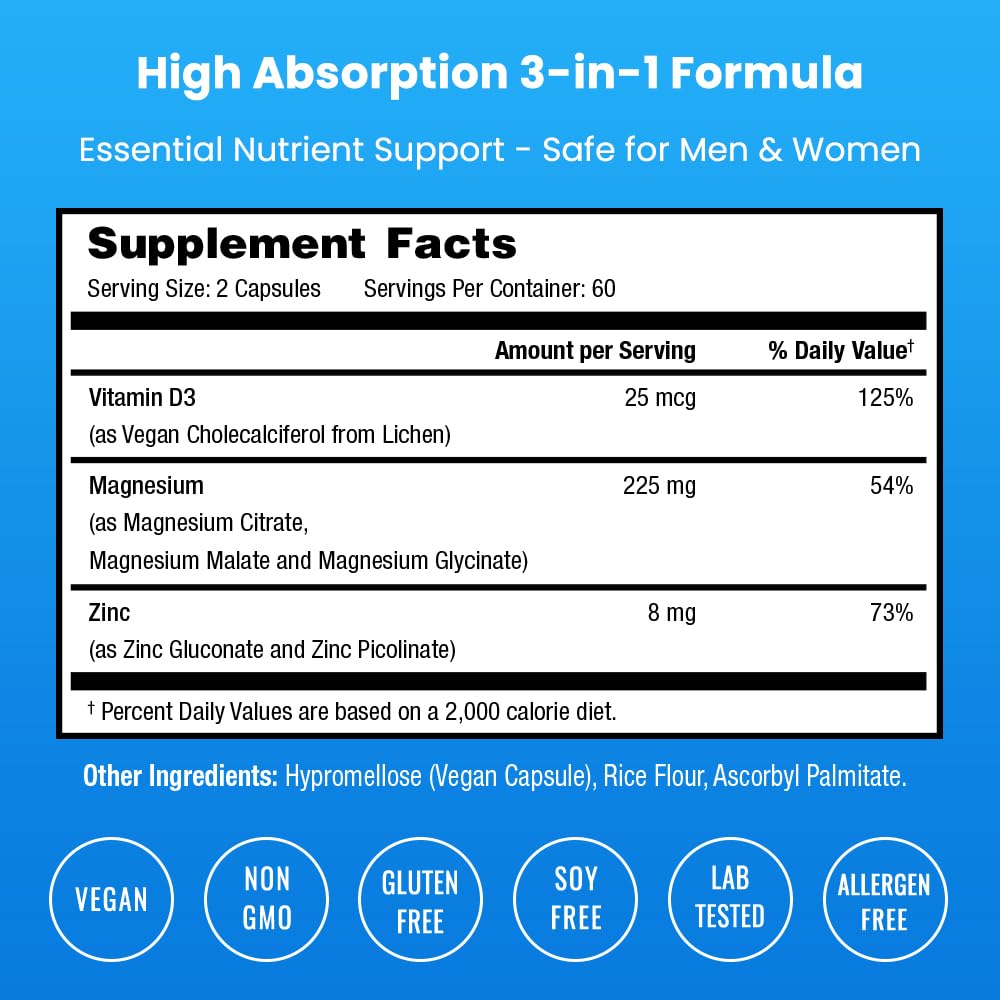 NutraChamps Complément Alimentaire Magnésium Zinc Vitamine D3 120 capsules vue arrière