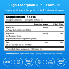 NutraChamps Complément Alimentaire Magnésium Zinc Vitamine D3 120 capsules vue arrière