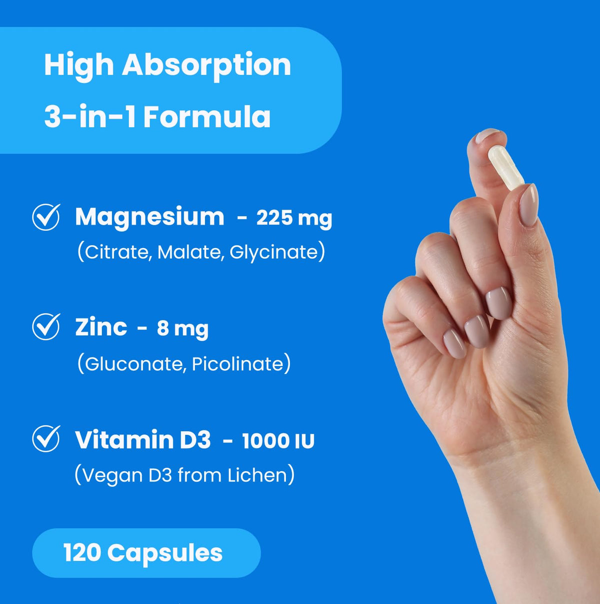NutraChamps Complément Alimentaire Magnésium Zinc Vitamine D3 120 capsules ouvertes