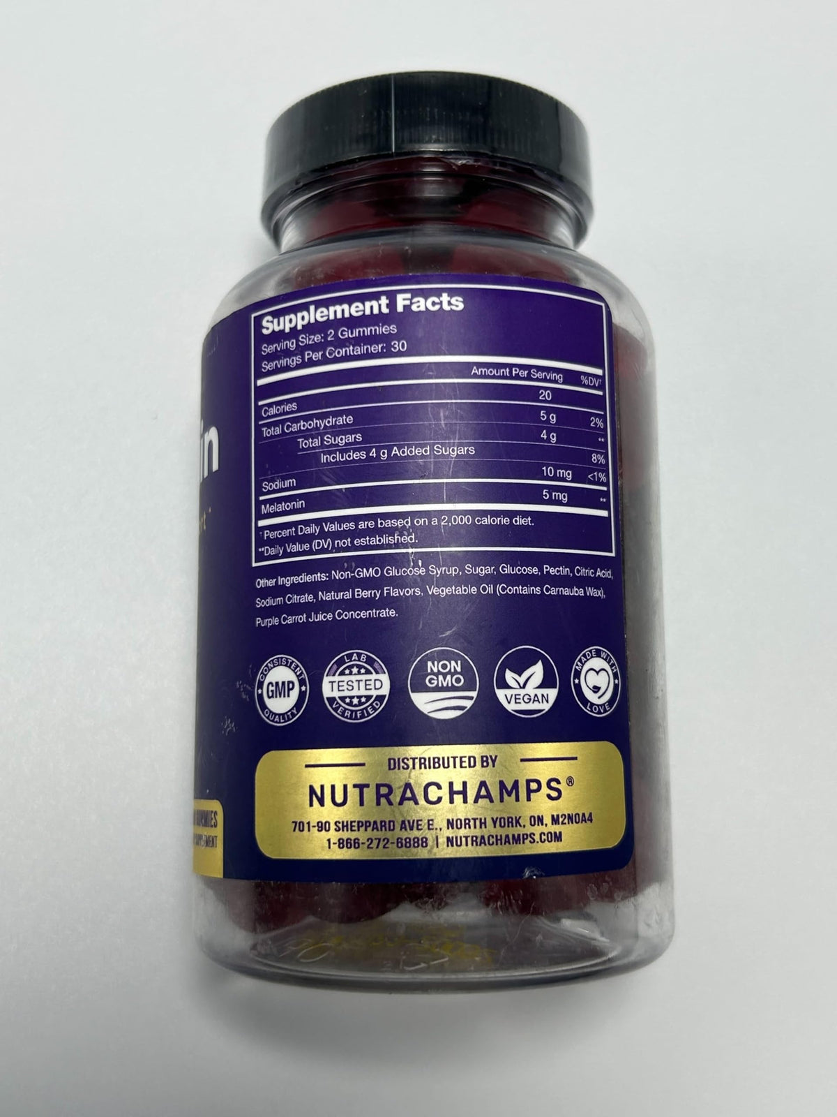 NutraChamps Gélules de Mélatonine 60 Gummies avec le dosage affiché
